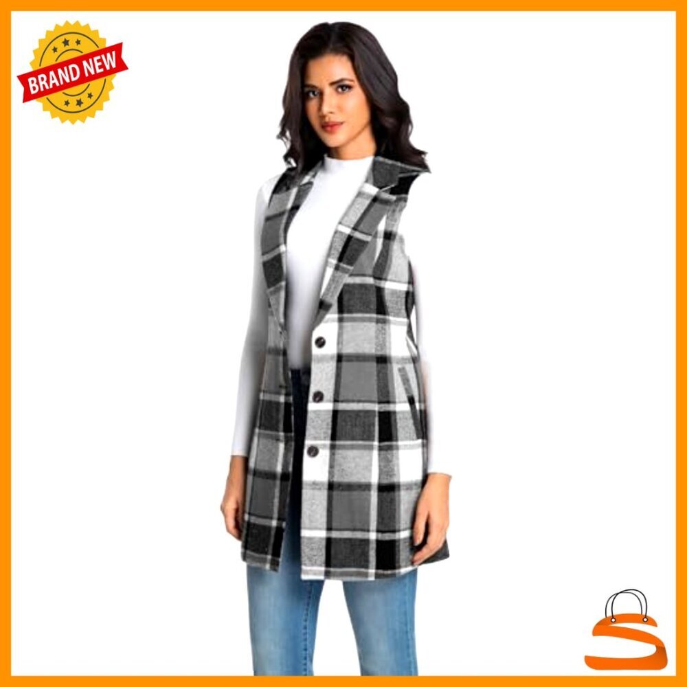 Long Wool Plaid Vest Sleeveless Blazer Classic Tweed Fall Winter Chic - Picture 2 of 5